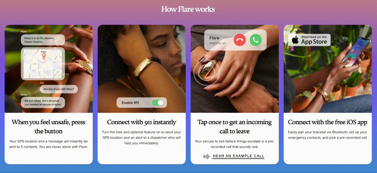 Flare "How Flare Works" section on the homepage with gif