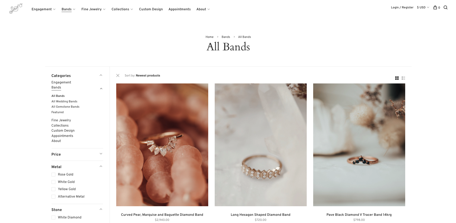 Sarah O Jewelry all bands collections page