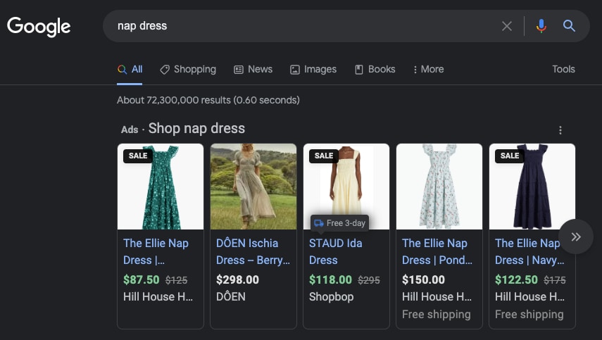 google shopping ads nap dress hill house