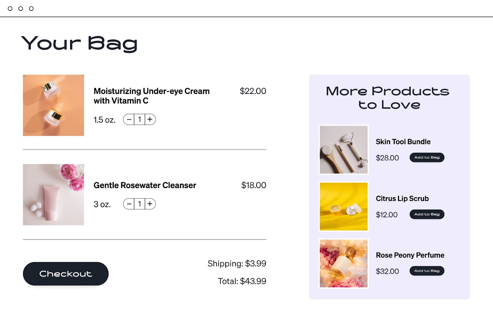 checkout page beauty brand with cross sell suggestions to add to cart