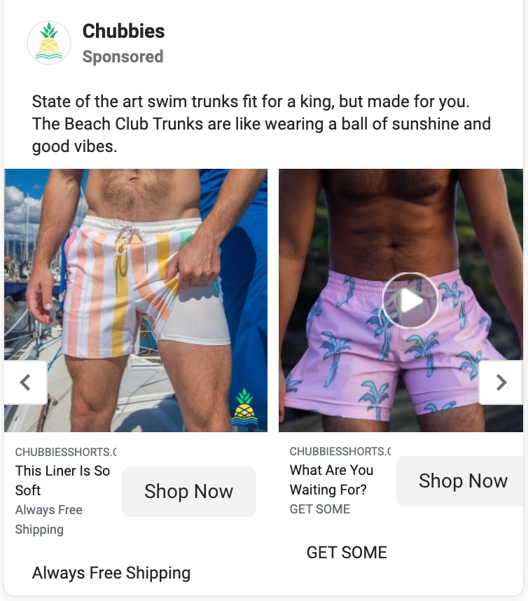 chubbies facebook ad carousel liner so soft