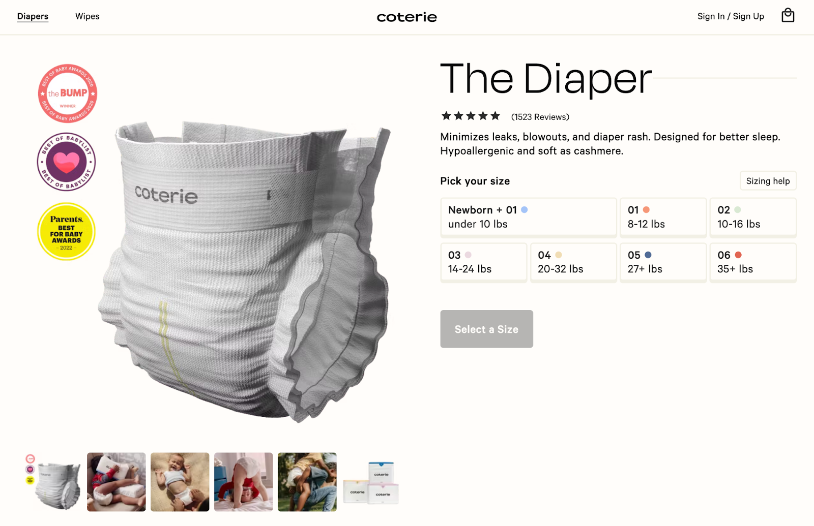 Coterie's The Diaper product page