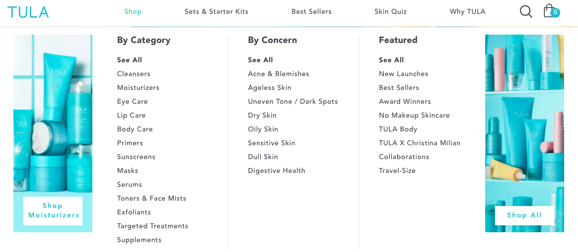 Tula Skincare dropdown navigation menu