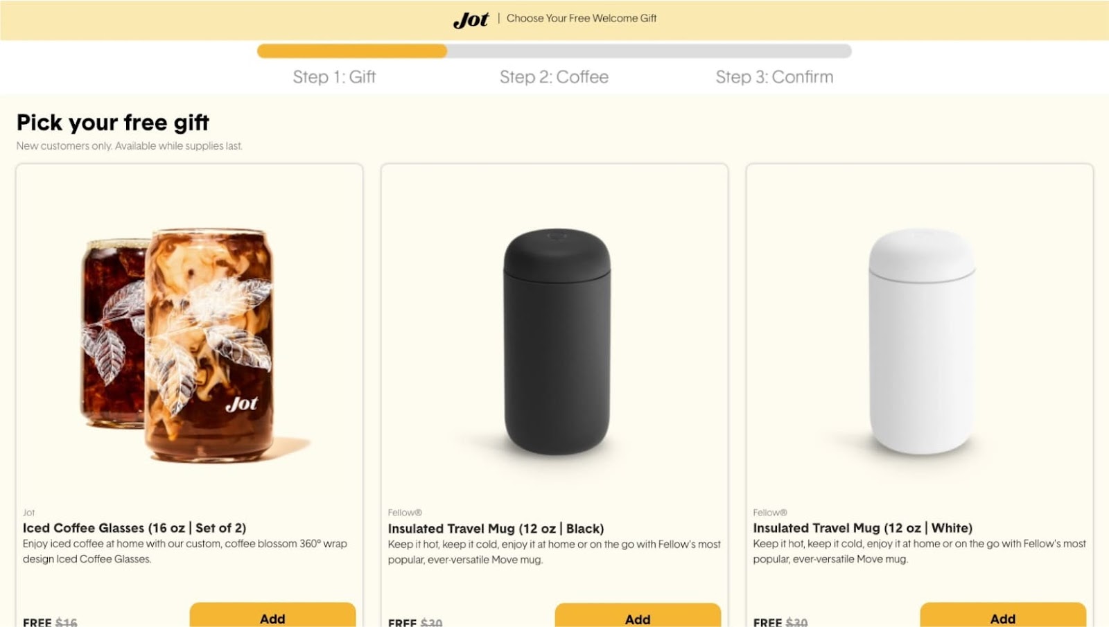jot free gift with purchase landing page flow