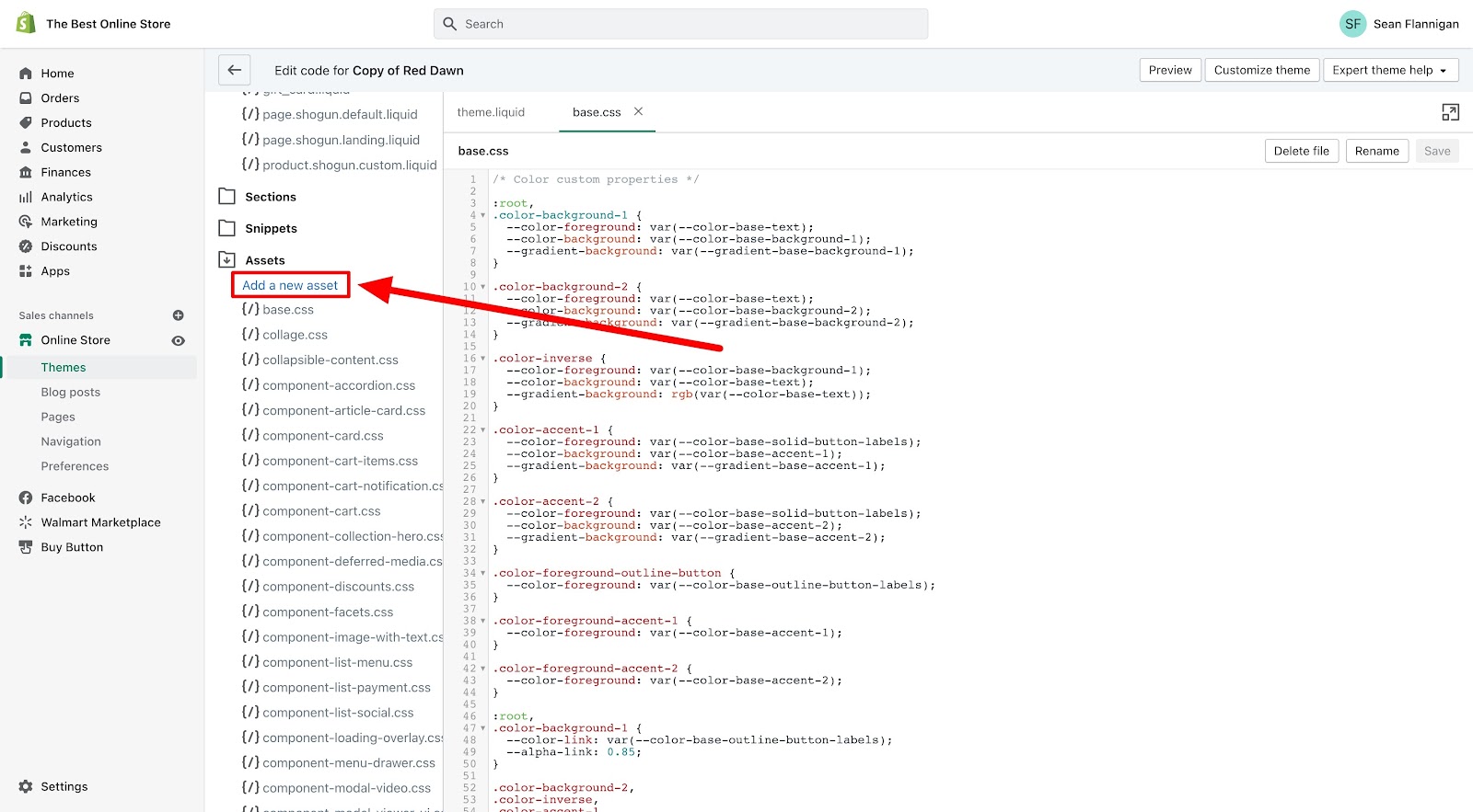 shopify code editor add new asset