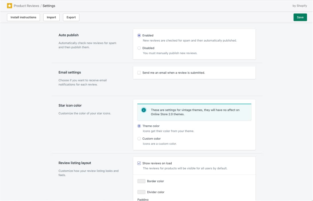 shopify product reviews settings