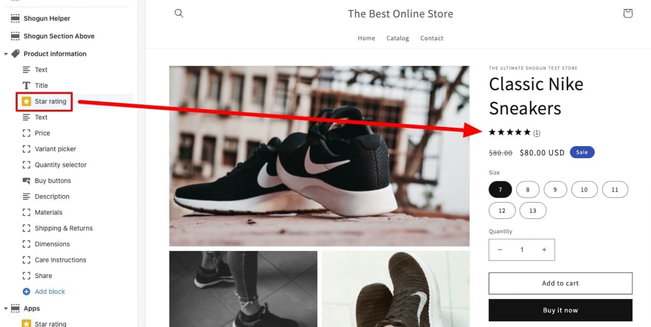 shopify theme editor add star rating block to product information section