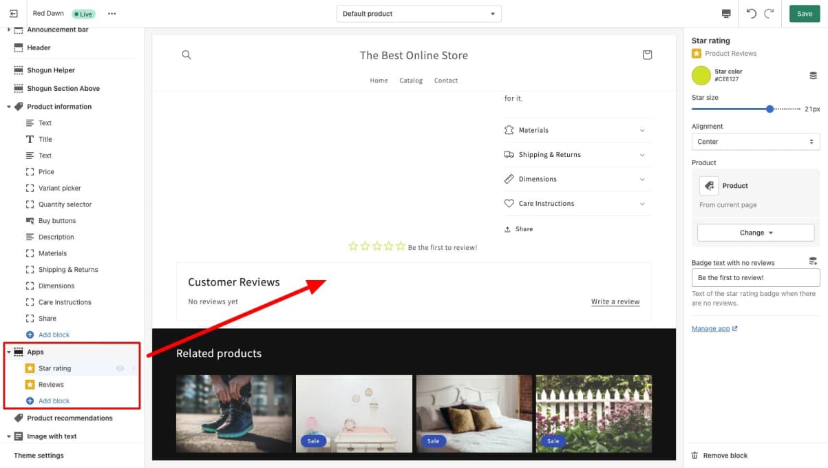 shopify theme editor product reviews customization