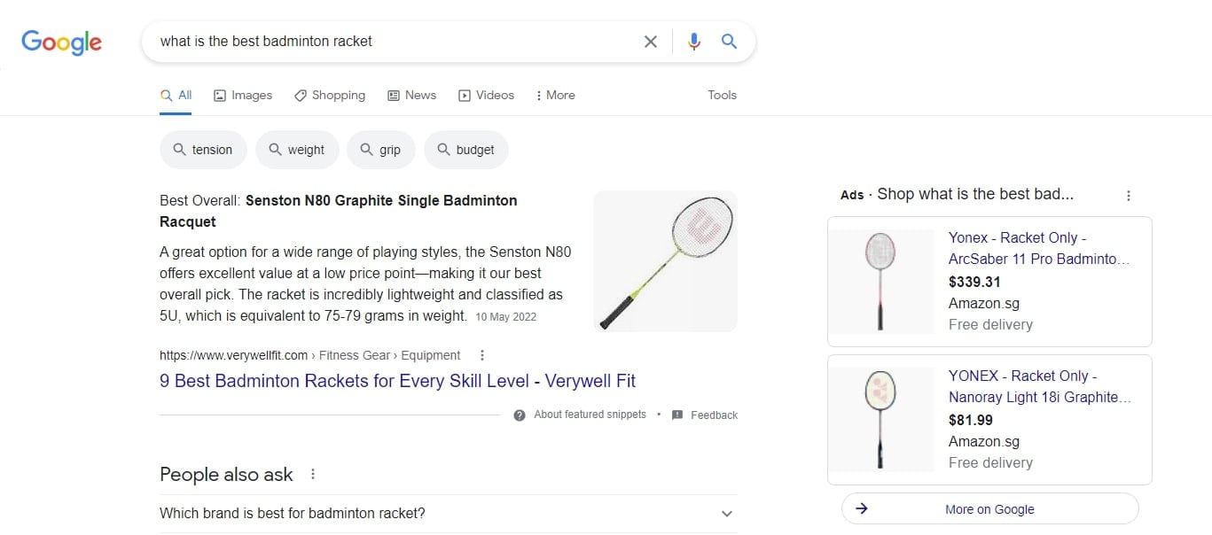 google search result discover product phase badminton racket