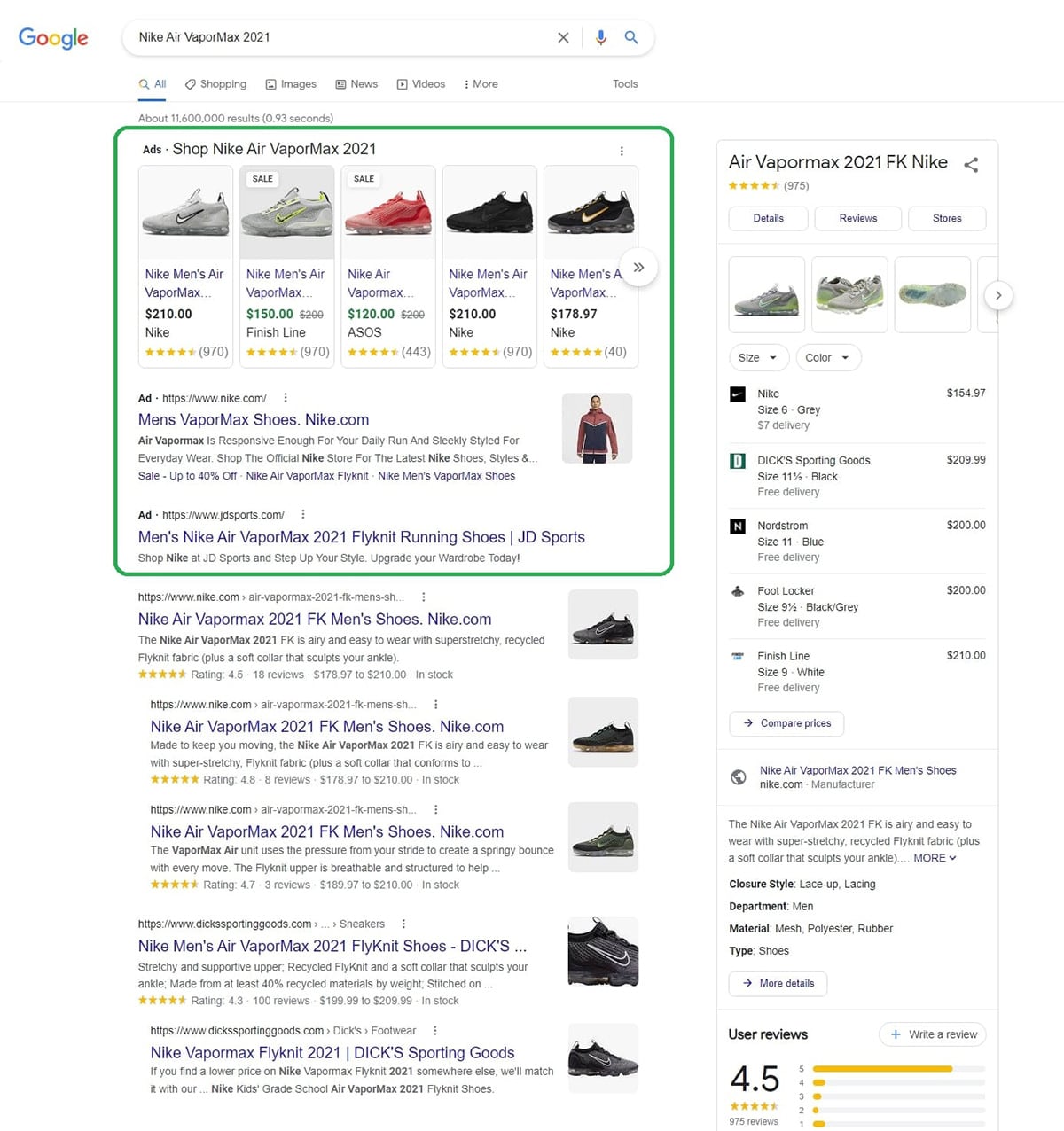 google search results bike vapormax shoes paid and organic results