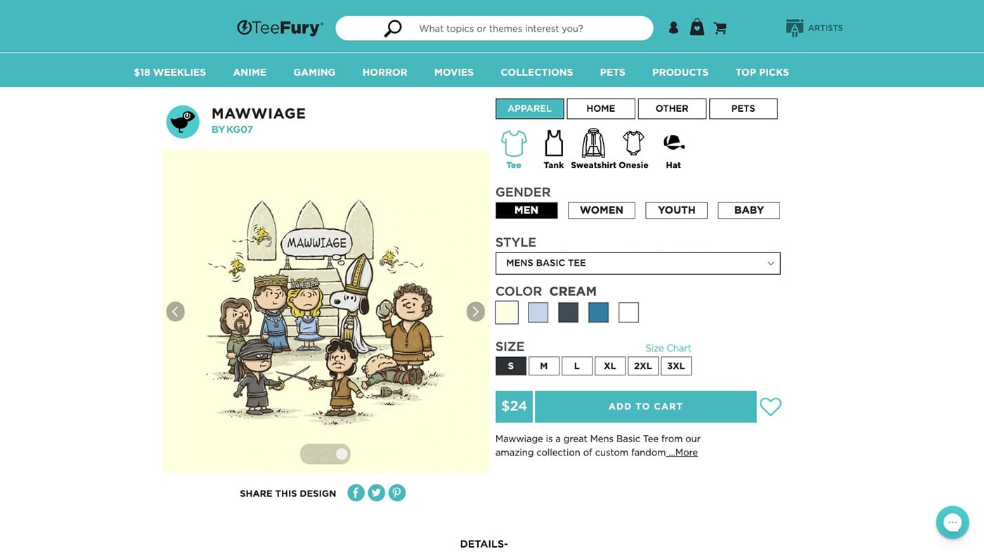 teefury product page shopify t-shirt stores
