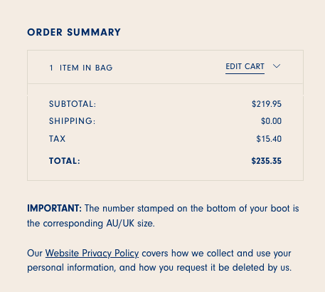Calculating order shipping on Blundtone.com