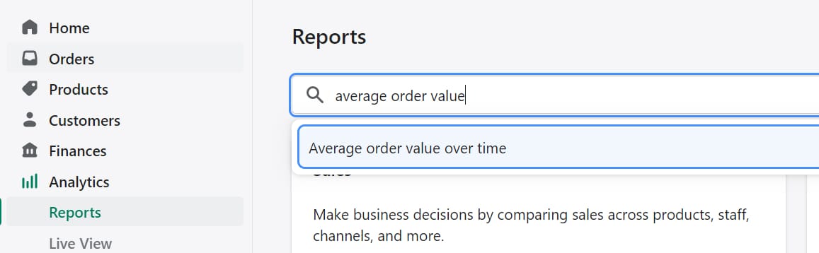 shopify dashboard reports search average order value