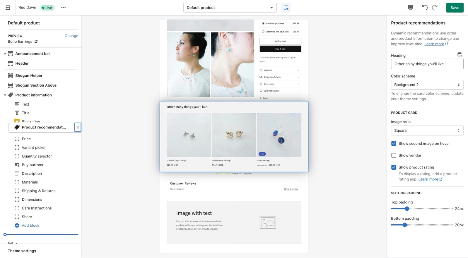 shopify theme editor move section up down page