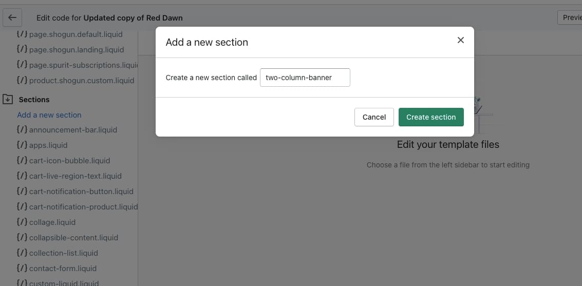 shopify code editor name new section and create section
