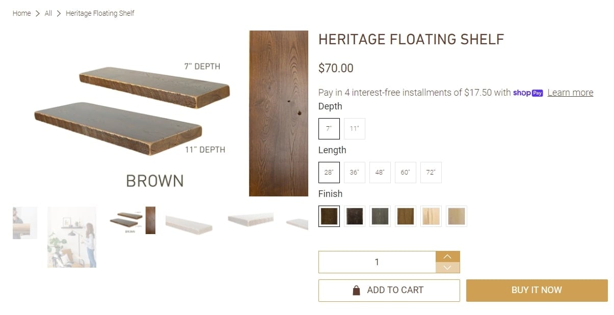 heritage floating shelf product page payment options pay in 4