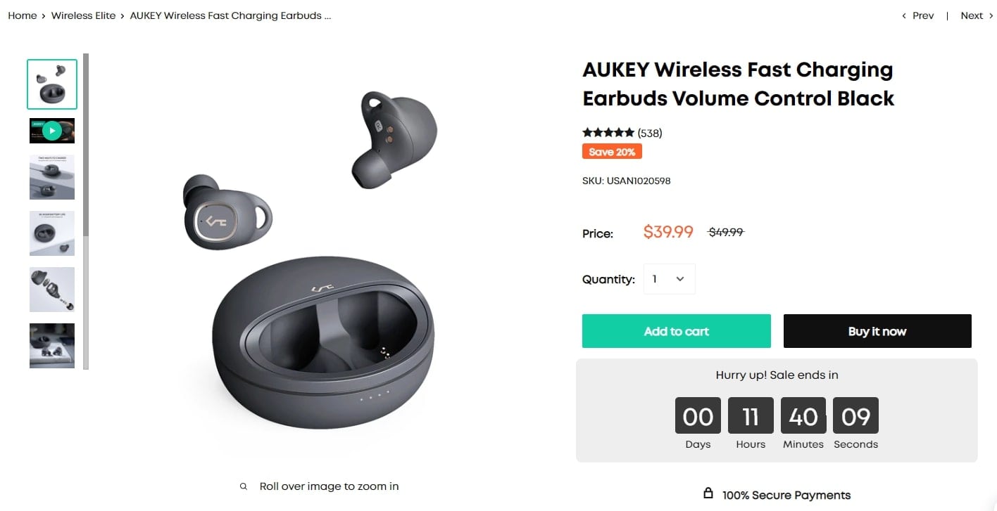 aukey ear buds product page ctas add to cart buy it now