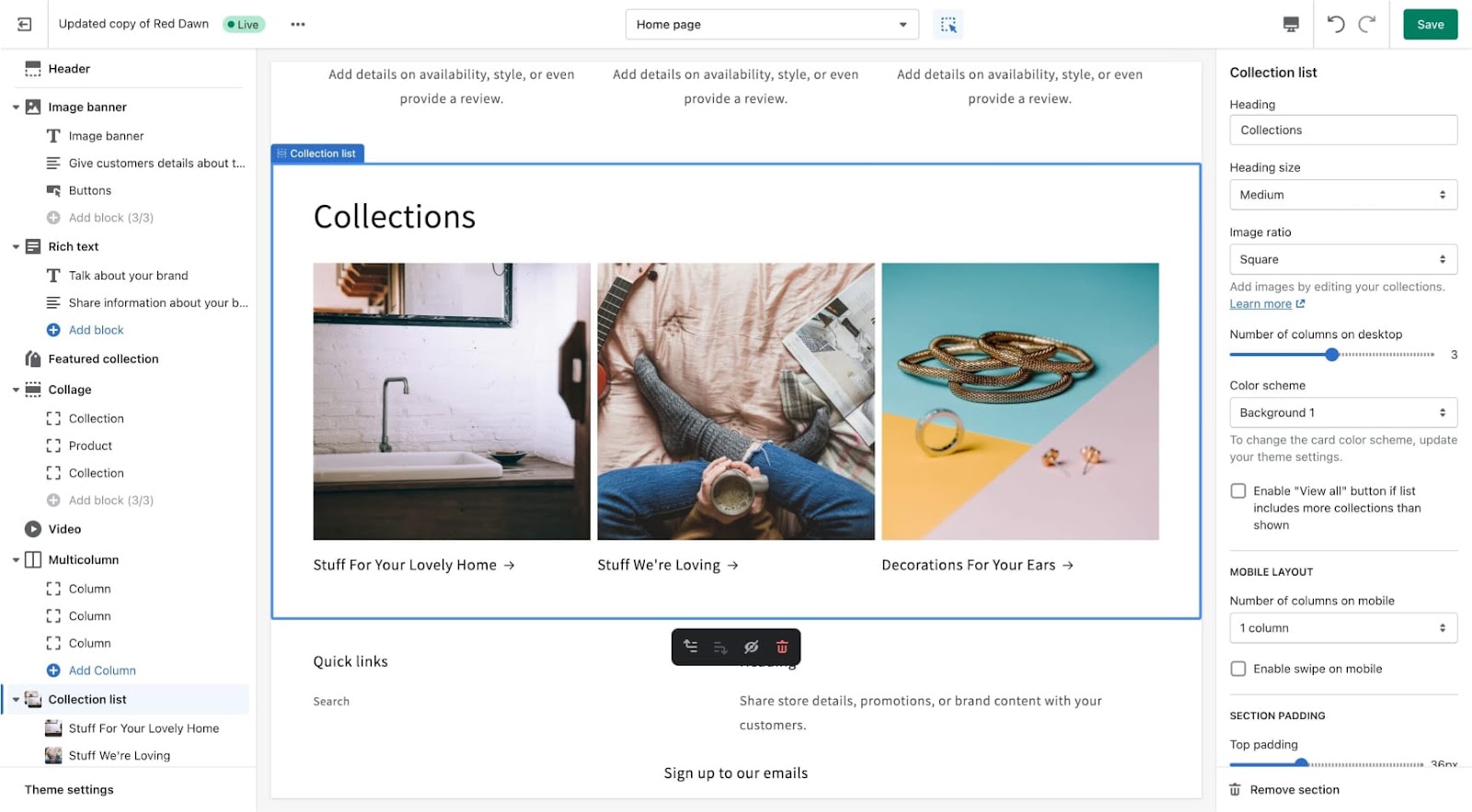 shopify theme editor collection images section