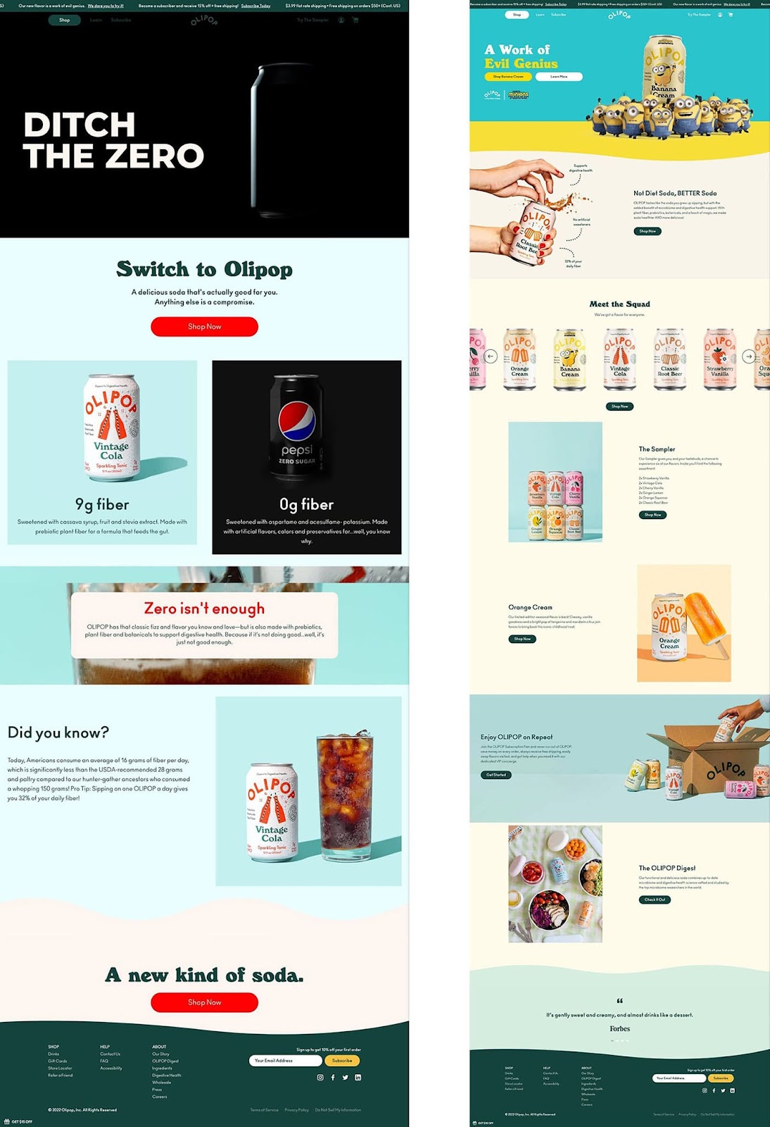olipop landing page vs home page example