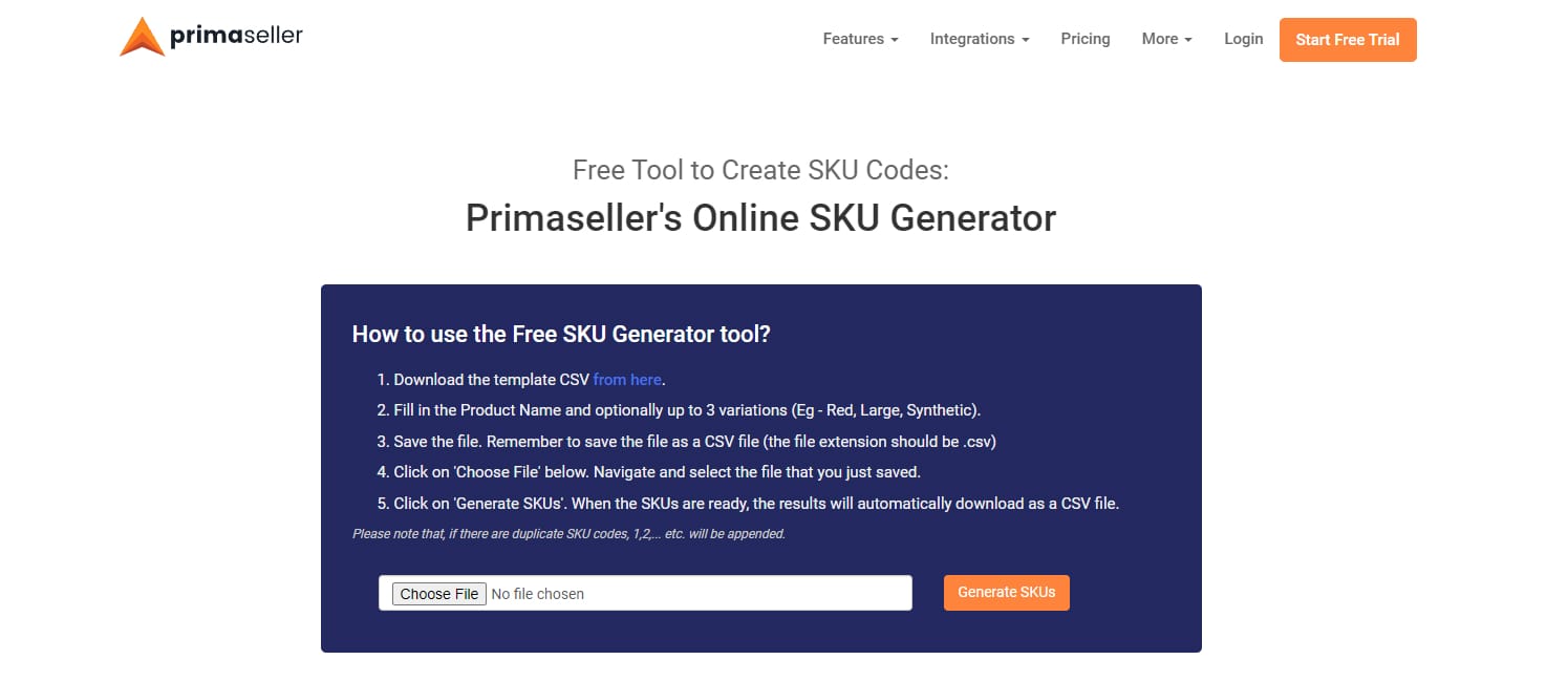 primaseller sku generator tool csv export