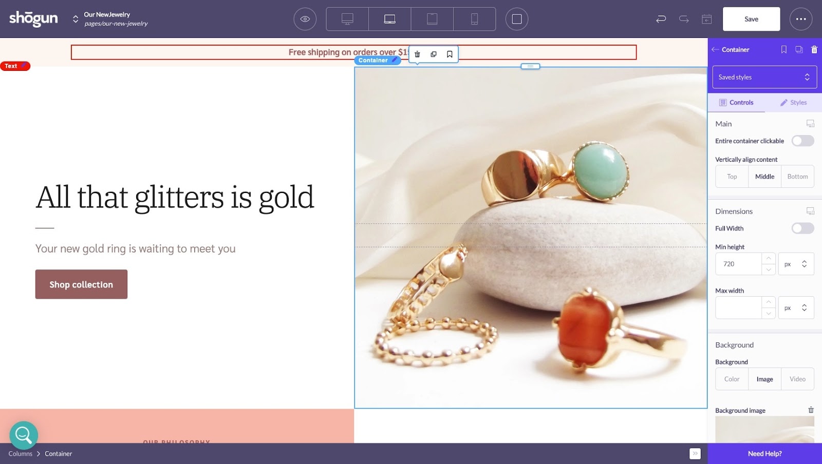 shogun page builder jewelry landing page example