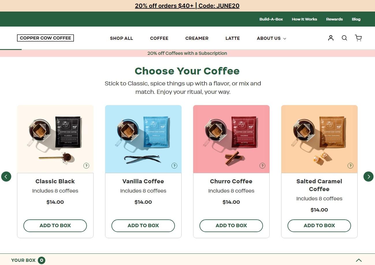product landing page copper cow choose flavors subscription box