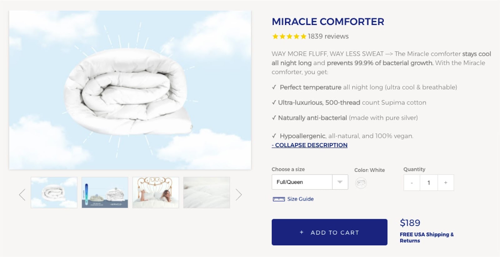 miracle comforter product page above the fold product description