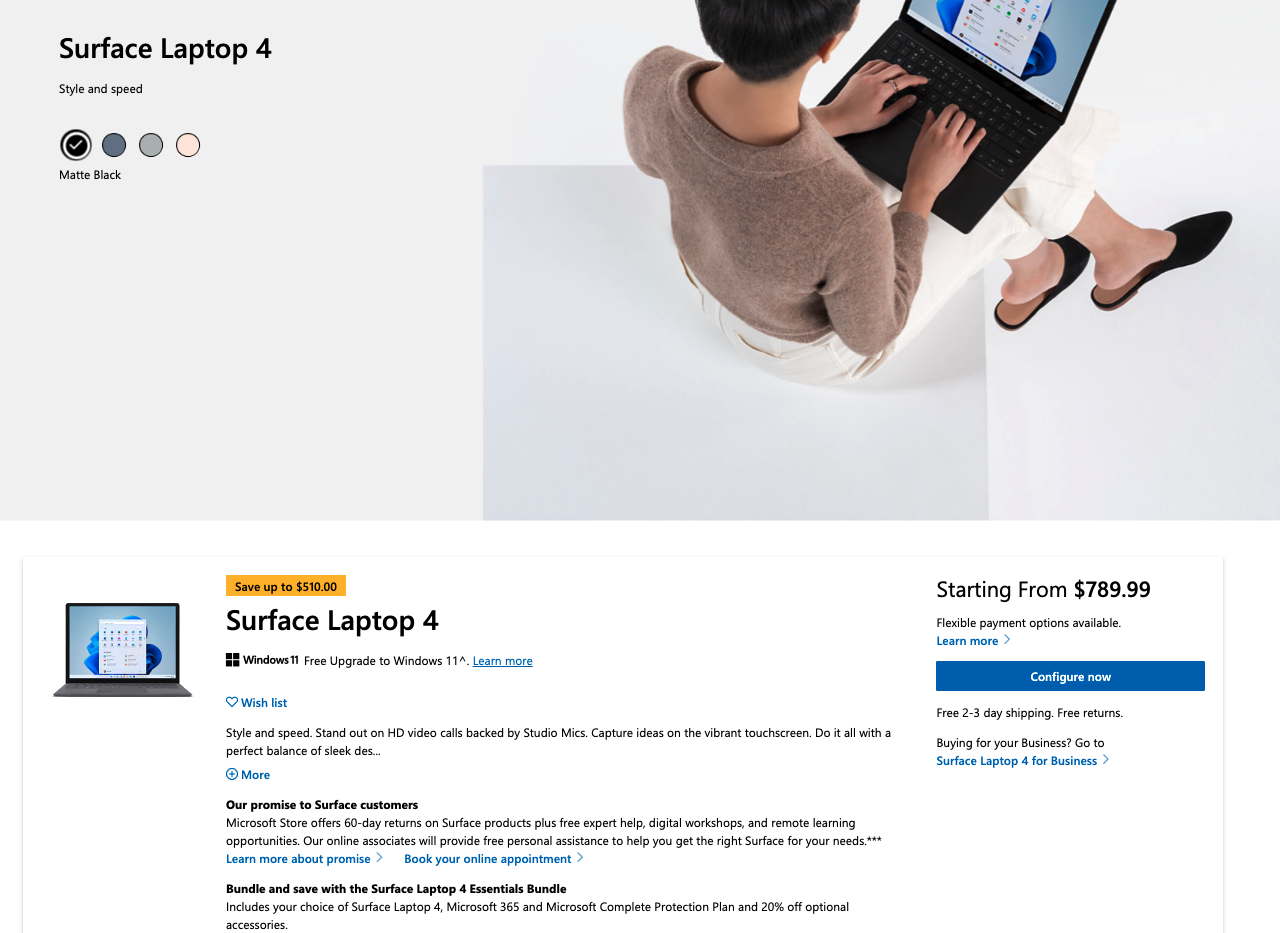 Microsoft Surface Laptop 4 product page