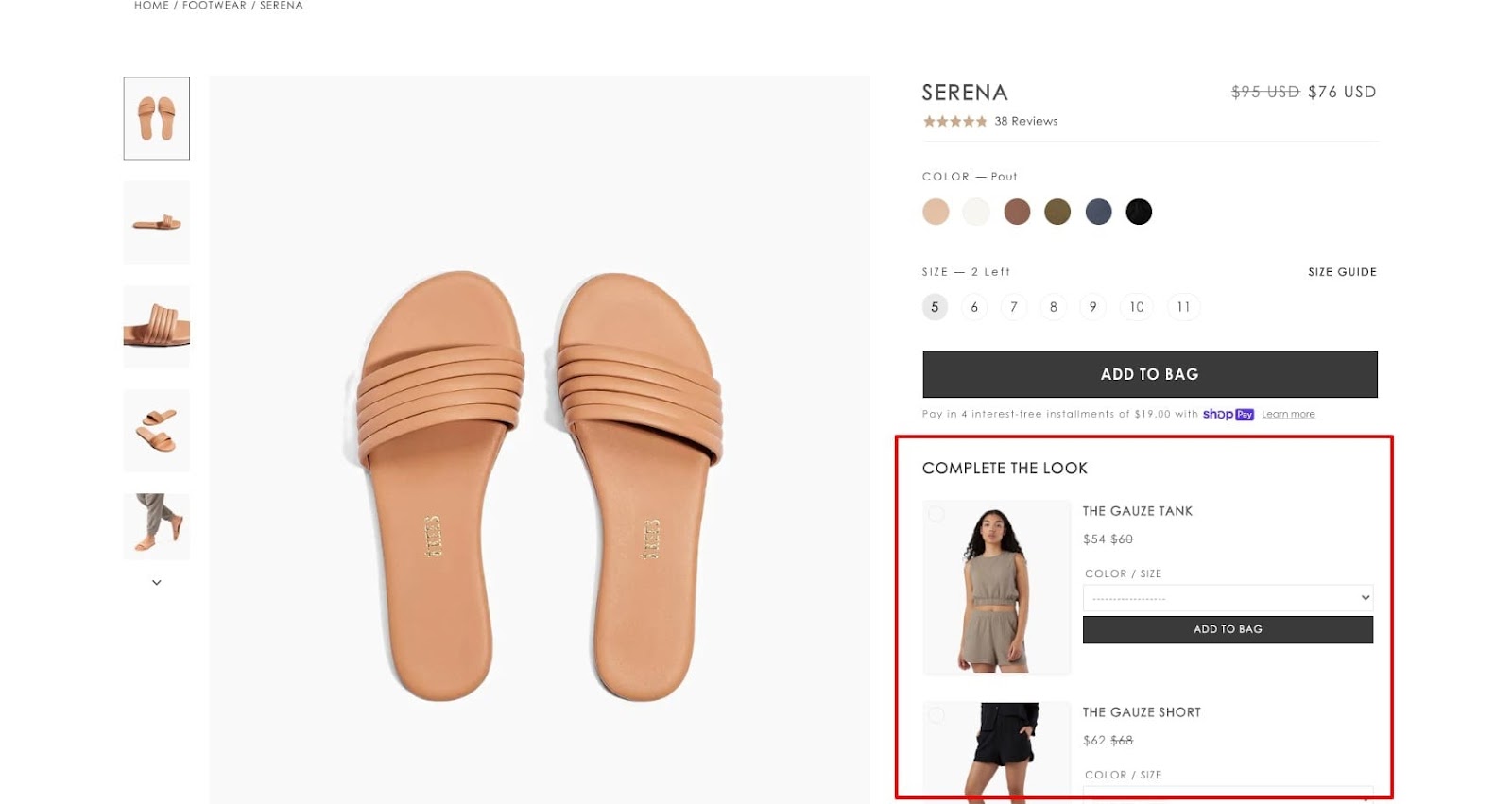 serena tkees sandals product page complete the look cross-selling tactic