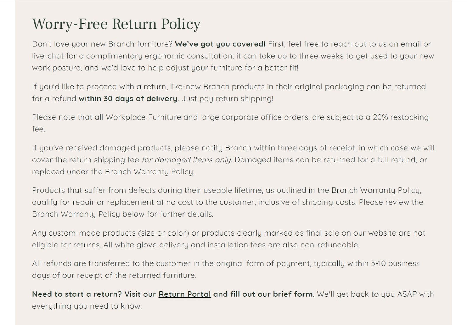 branch worry free return policy page text