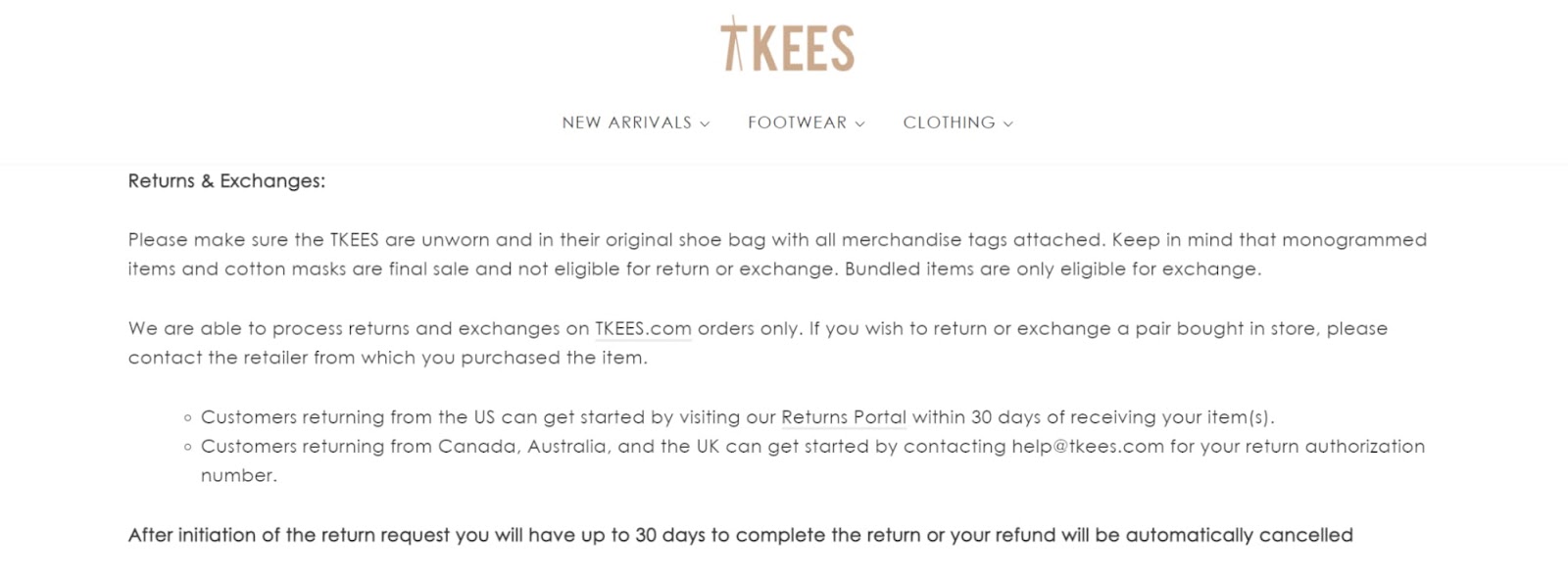 tkees return and exchange policy text