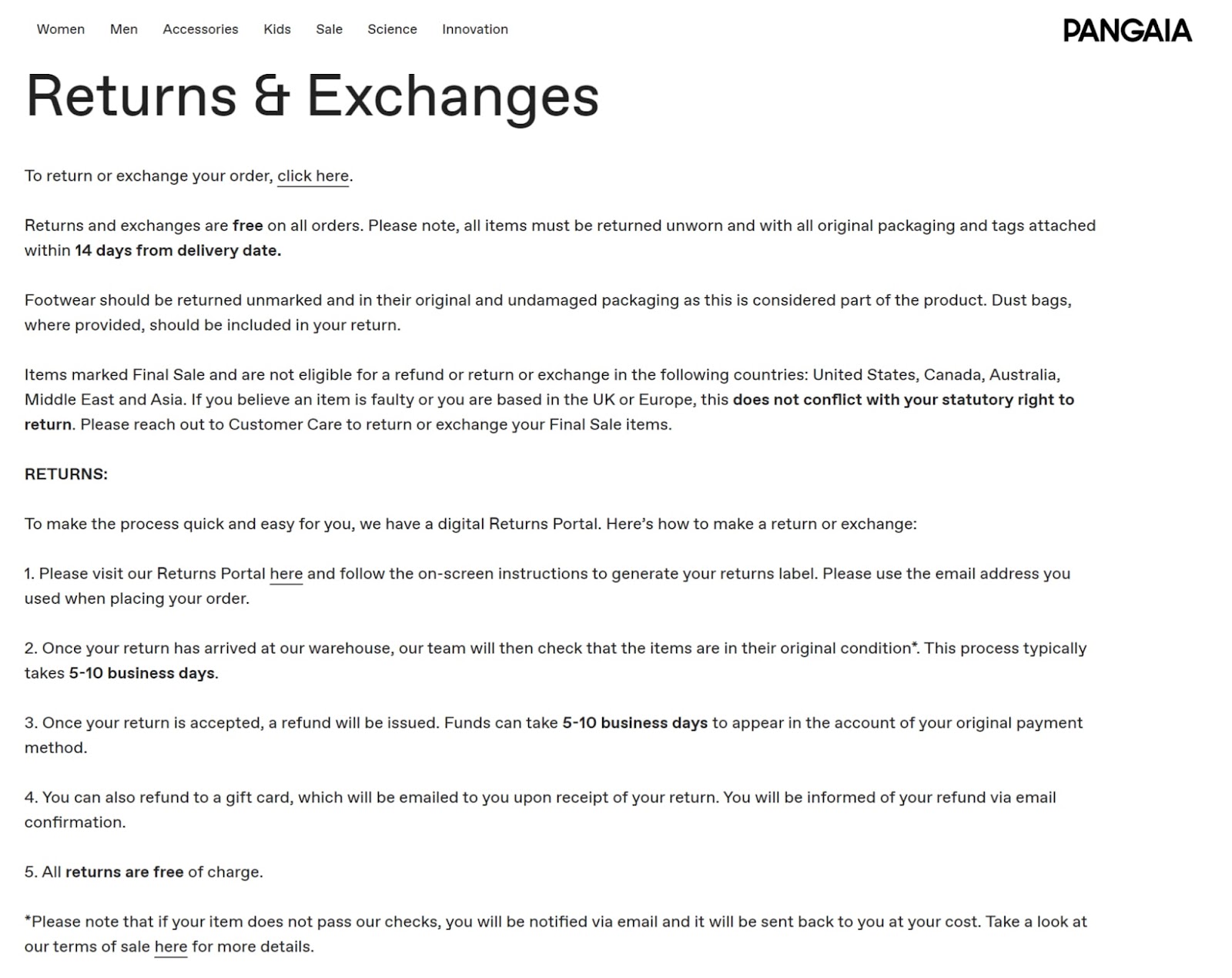 returns and exchanges policy page pangaia