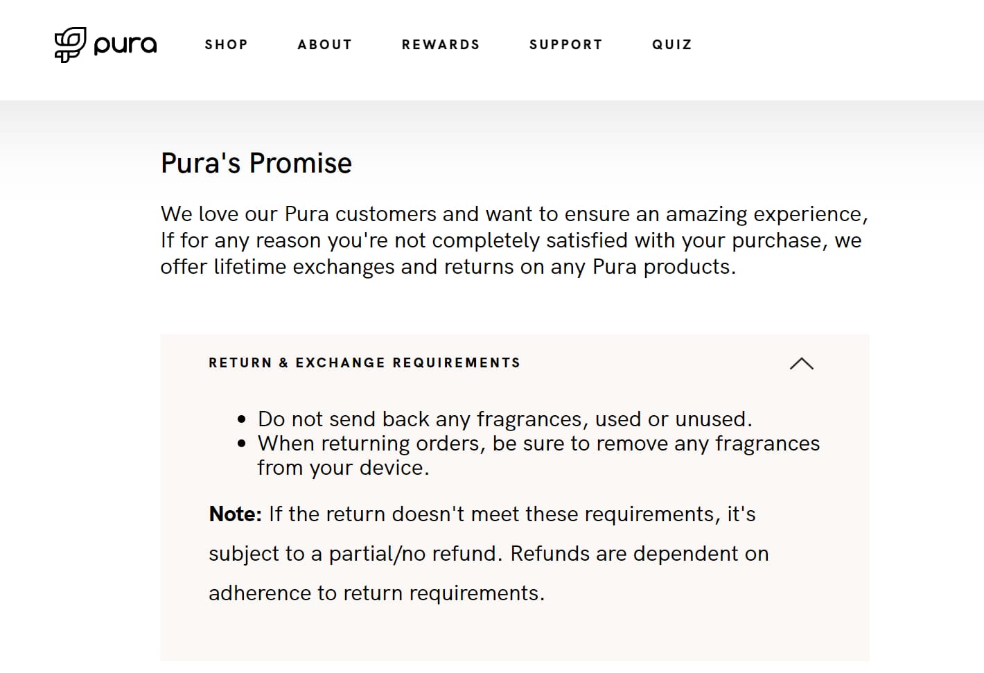 pura return policy exchange policy page text