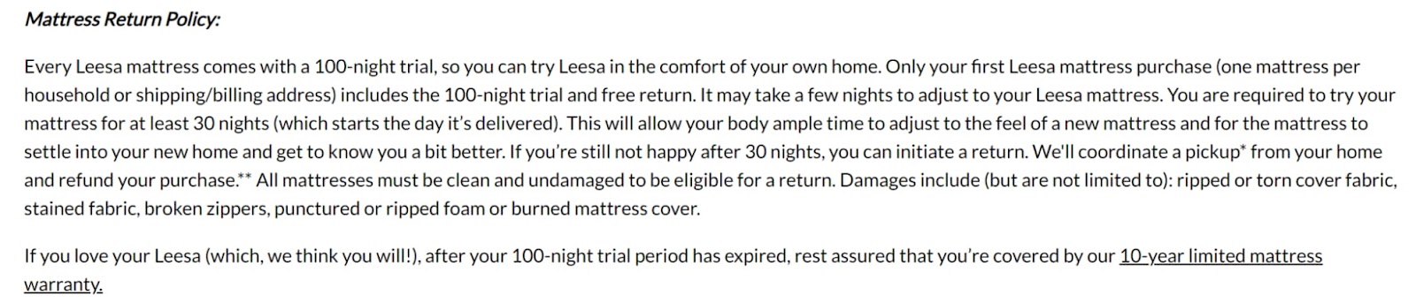 leesa mattress return policy page text