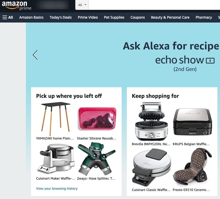 amazon personalization on homepage where you left off