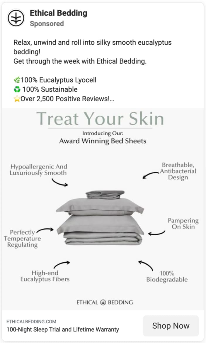 ethical bedding facebook ad on brand