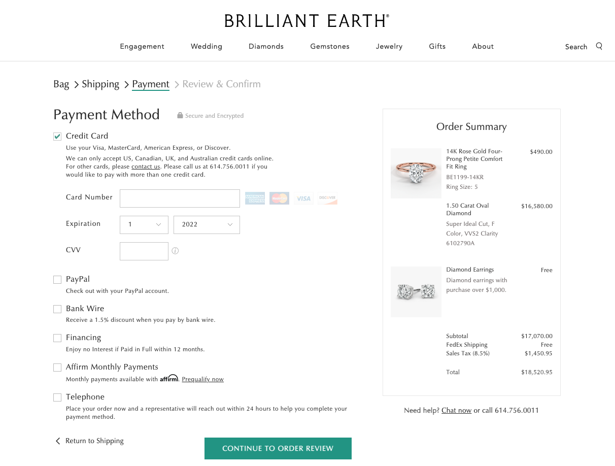 Brilliant Earth payment window ecommerce checkout
