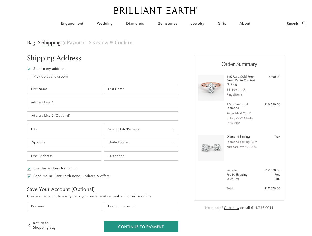 Brilliant Earth shipping address window ecommerce checkout