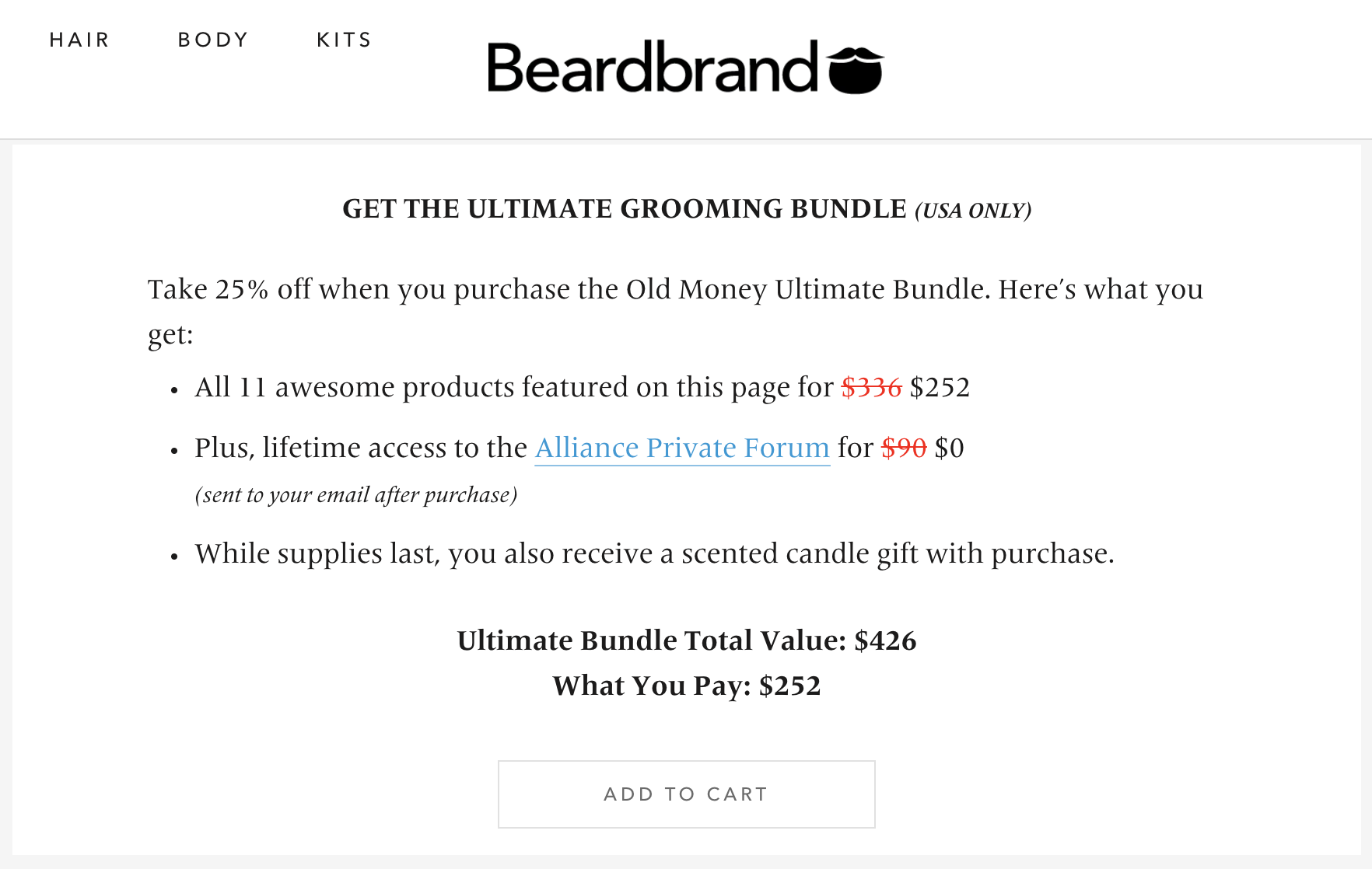 beardbrand ultimate grooming bundle page with add-to-cart button