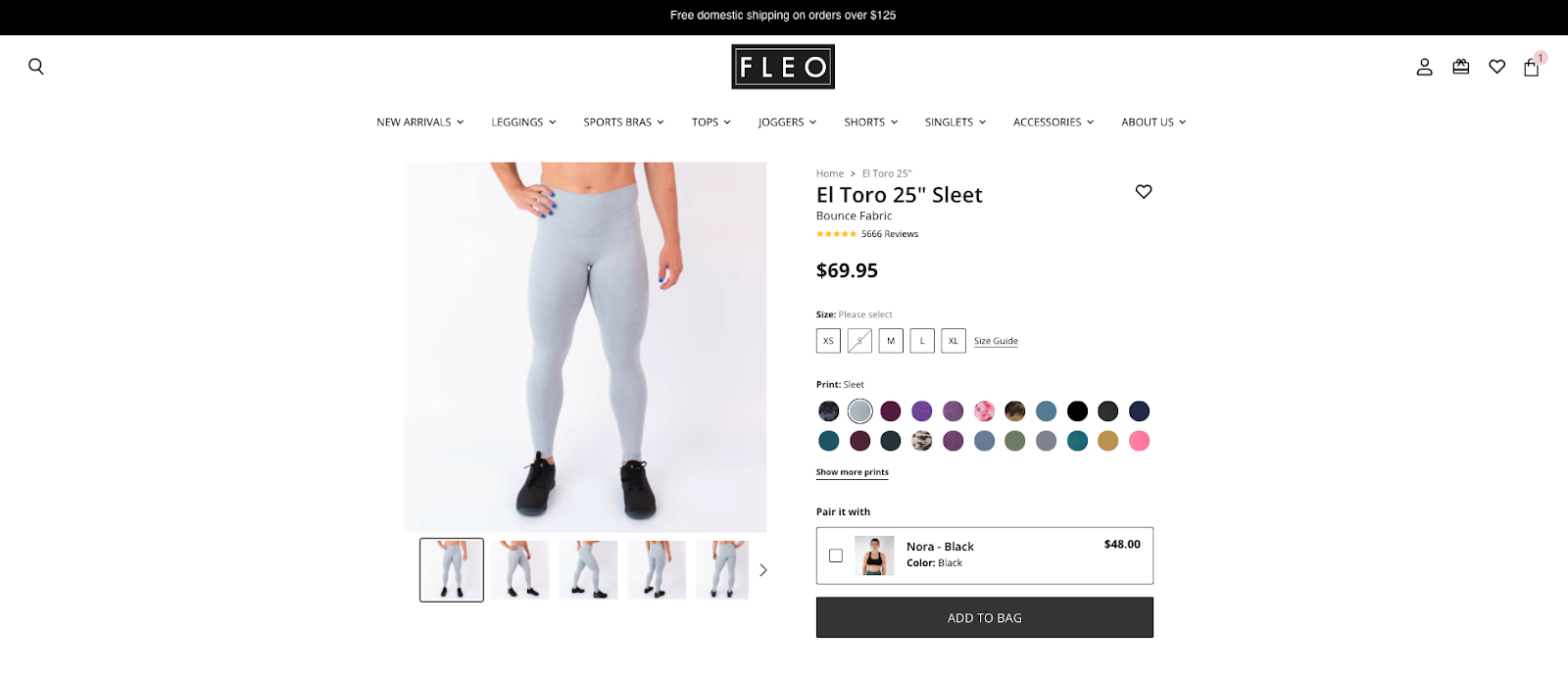 An El Toro 25" Sleet leggings product page from FLEO.com