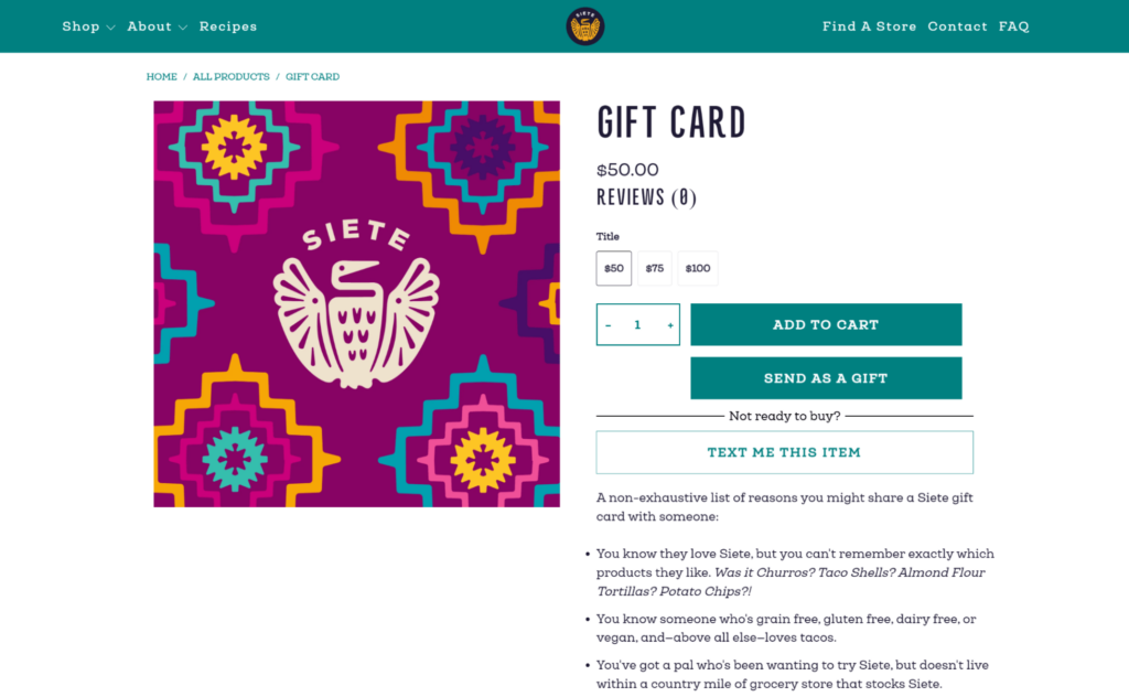 siete gift card product page ecommerce returns
