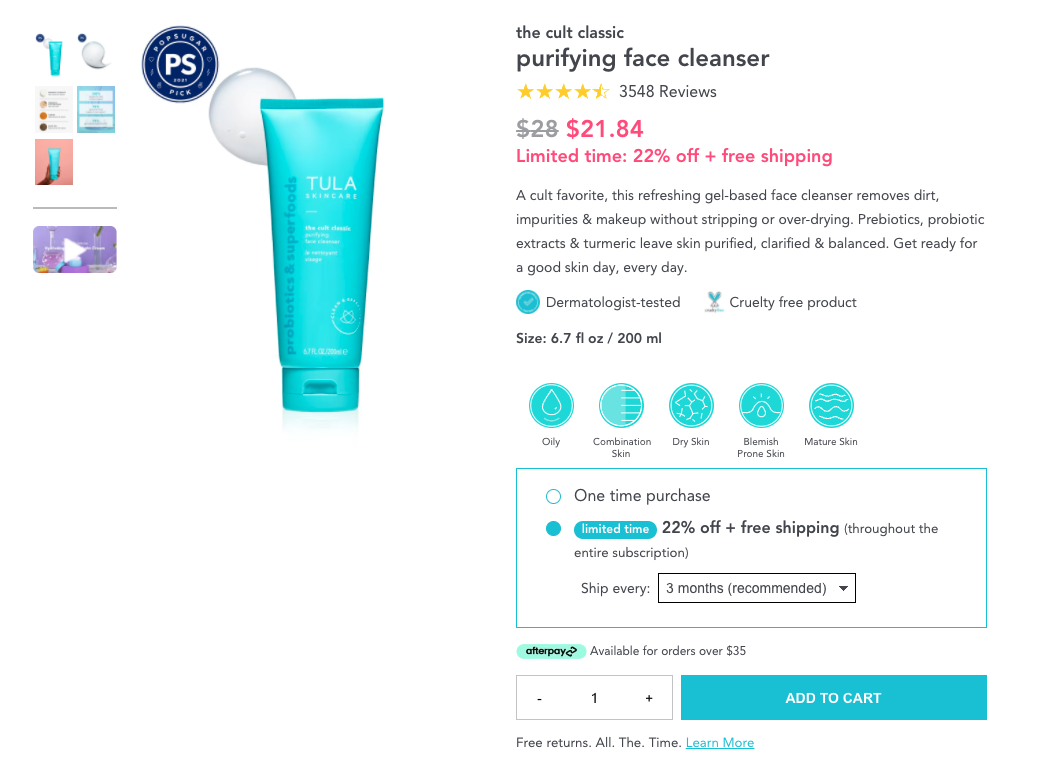 TULA's "the cult classic" purifying face cleanser product page