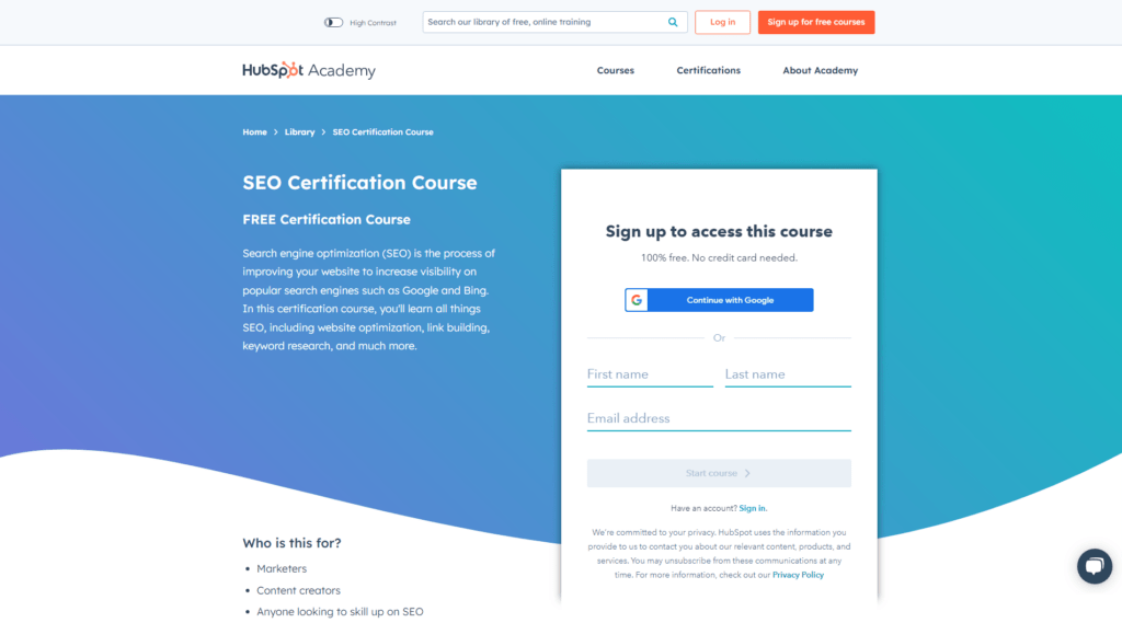 hubspot seo certification ecommerce courses