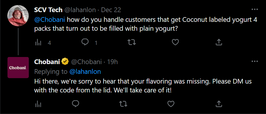 chobani twitter reply conversational commerce