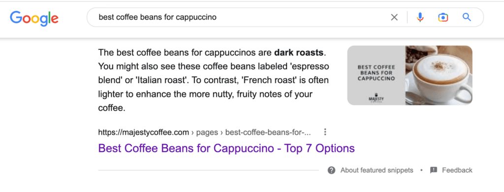 coffee beans featured snippet ecommerce seo