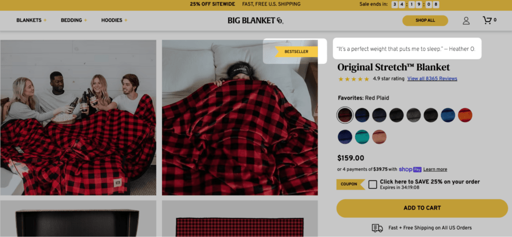 big blanket best seller tag and customer quote social proof examples