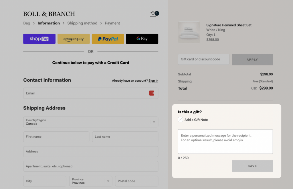 boll and branch checkout shopify checkout customization