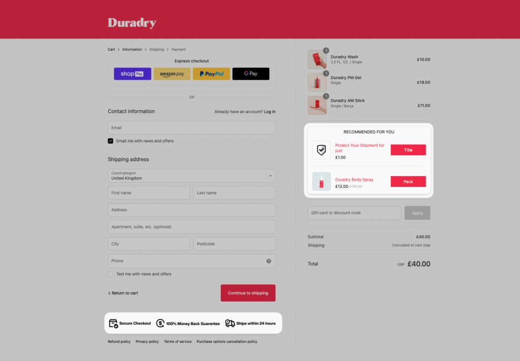 duradry checkout shopify checkout customization