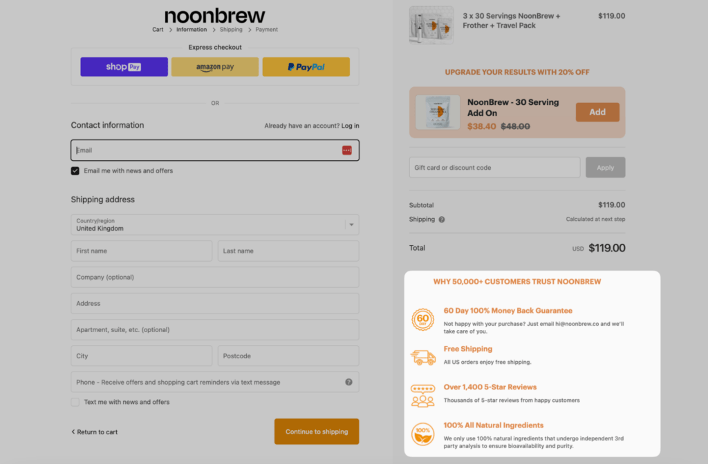 noonbrew checkout social proof social proof examples