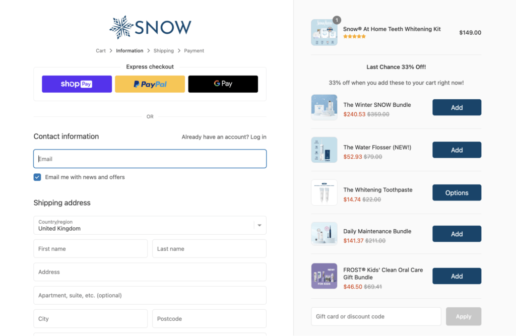 snow checkout shopify checkout customization